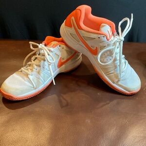 Women’s Nike sneakers, white and bright peach/orange, 7.5